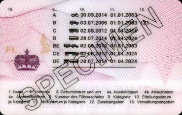 Specimen Führerschein im Kreditkartenformat ab 01.04.2019 (hinten) mit erhöhtem Sicherheitsstandard